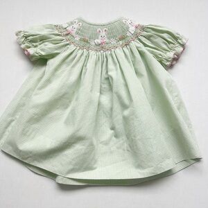 Smocked Bunny Little Girls Dress Amanda Remembered Bishop Style Easter Green